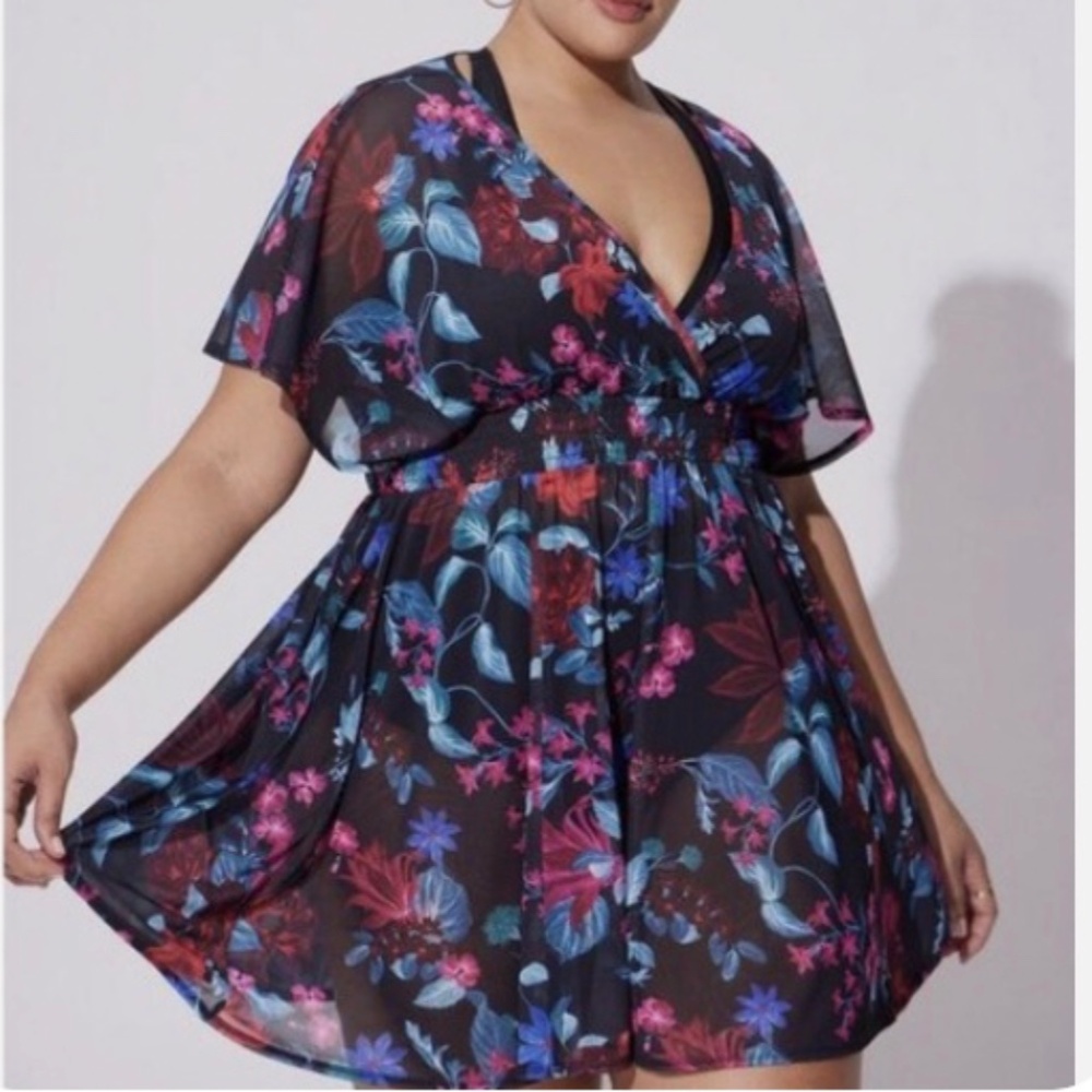Swim Beach Cover-Up - Floral Mesh Smocked Waist - NEW - Never worn